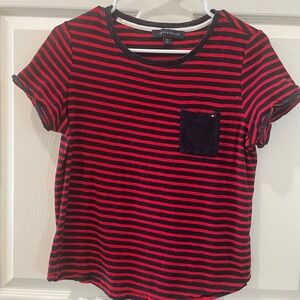 Tommy Hilfiger Womens Red and Black Striped Pocket Tee Small Petite
